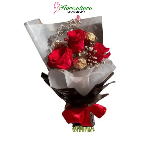 Buquê de Rosas Vermelhas 3 Unidades e Chocolate Ferrero Rocher